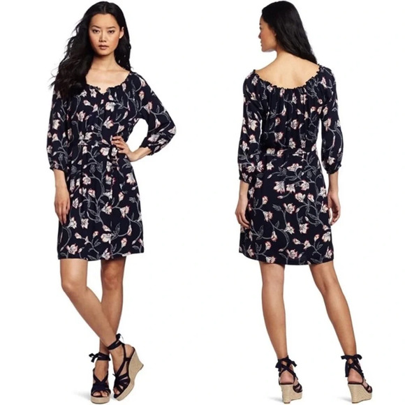 LUCKY BRAND NAVY FLORAL OFF SHOULDER DRESS PEASANT SMALL - Picture 1 of 8
